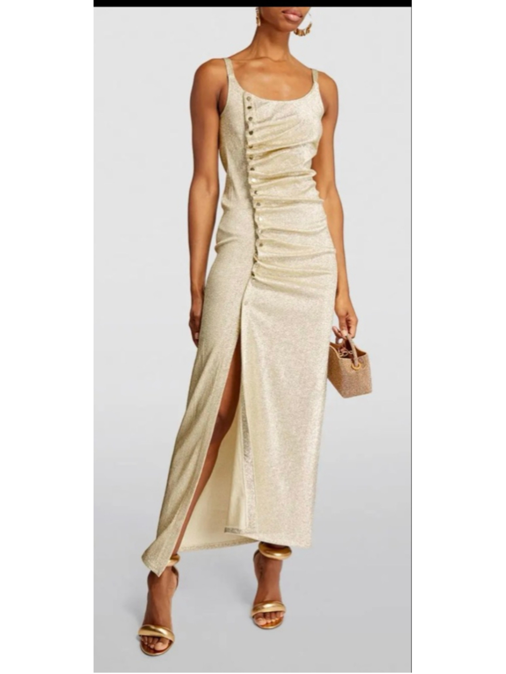 New Rabanne Gold Shimmer Ruched Side Maxi Dress 36/4 - Picture 4 of 11